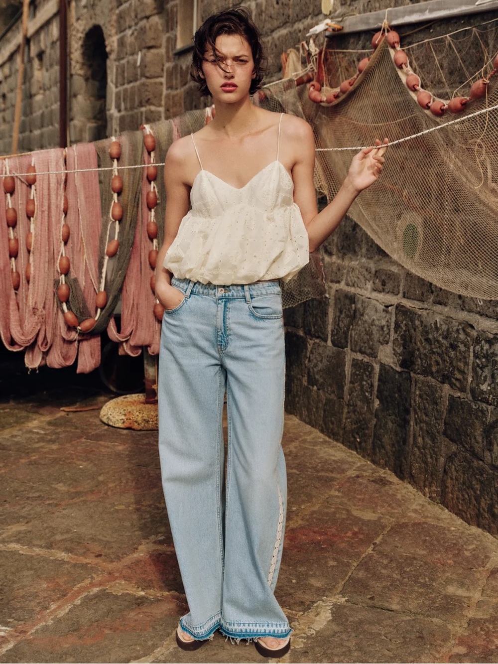 NWT Zara High Waist Wide Leg Crochet Combined Jeans